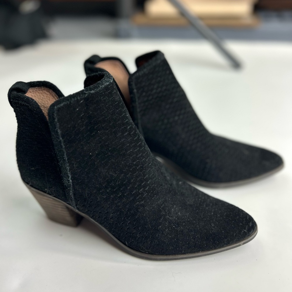 Black suede bootie. Dressier fall bootie, perforated suede upper. Slip on